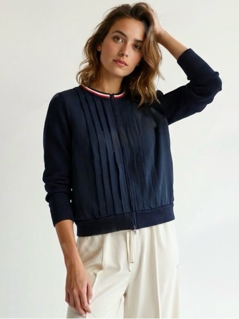 Tommy Hilfiger | Navy Pleated Knit Zipup Sweater Size Small